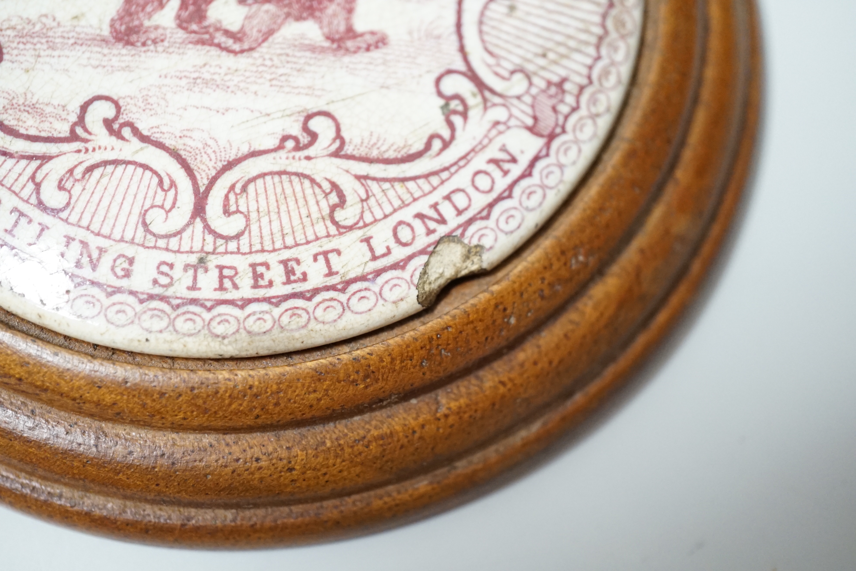 A rare framed pot lid- William Clayton & Co Bears Grease, 72 Watling Street, London, 8cm, framed